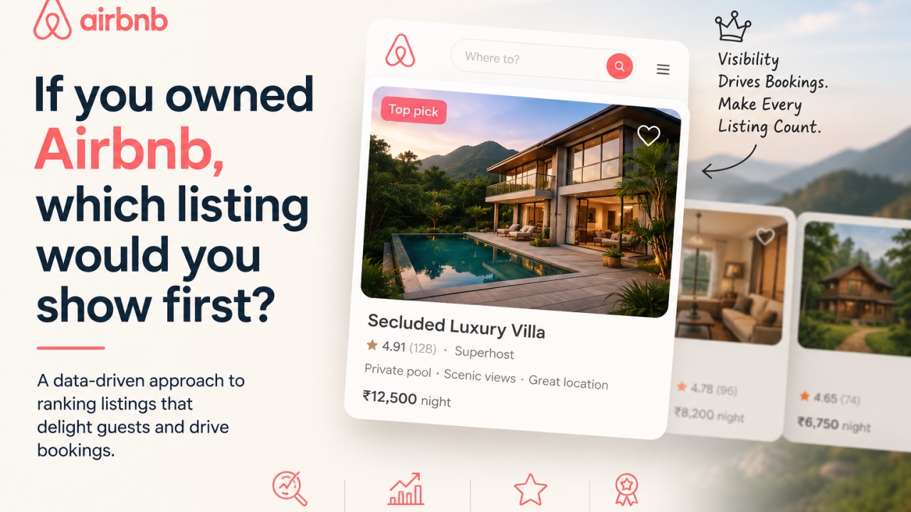 Airbnb search results with a villa listing highlighted, beside the question "If you owned Airbnb, which listing would you show first?"