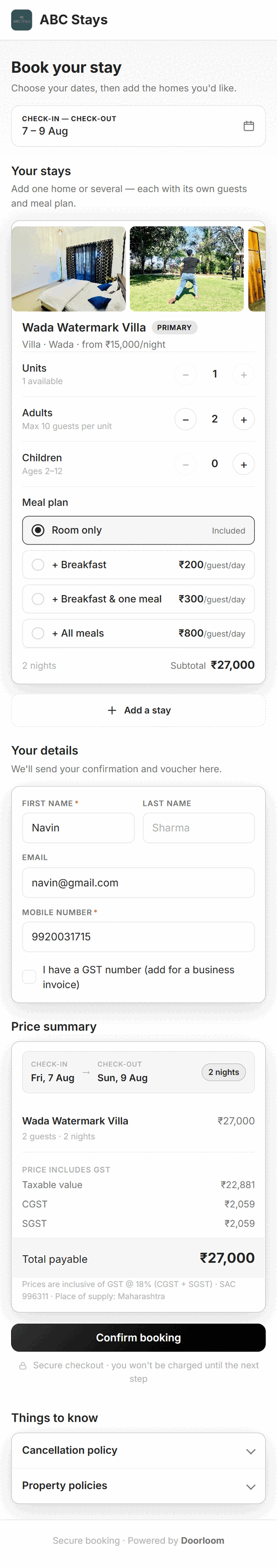 Doorloom booking engine checkout on a guest's phone