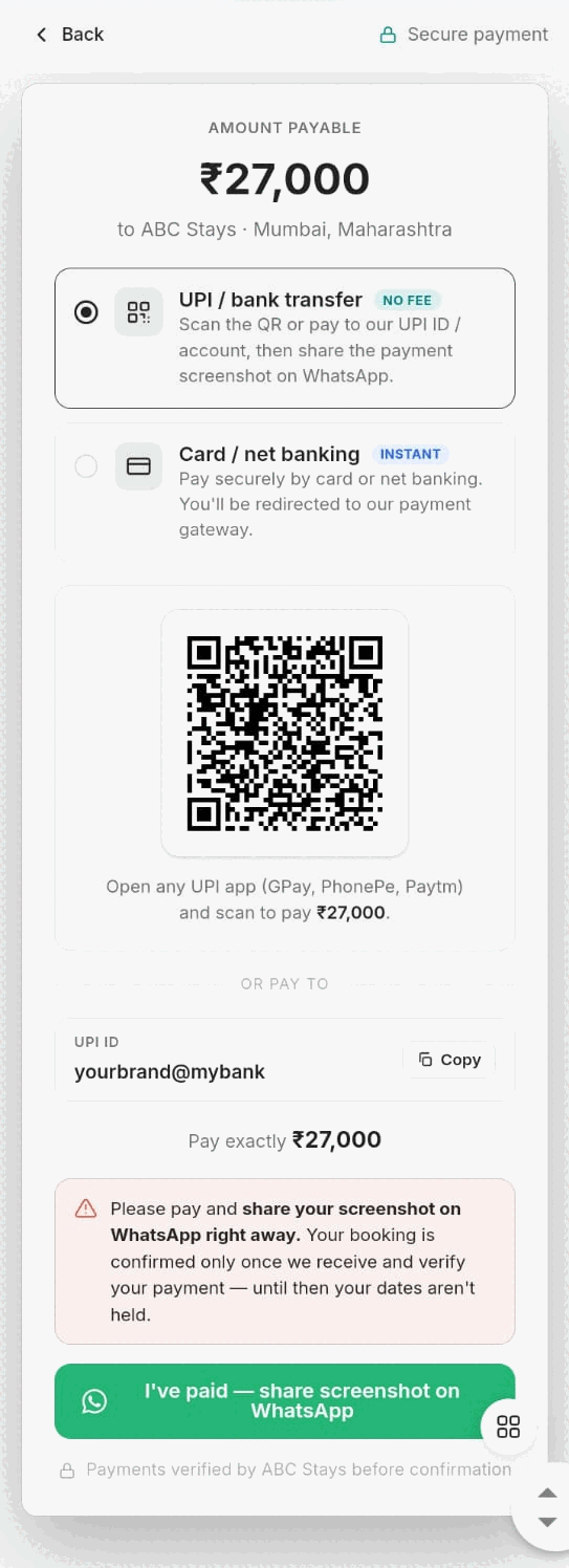 Payment page showing UPI or bank transfer with a QR code, and card or net banking through the gateway