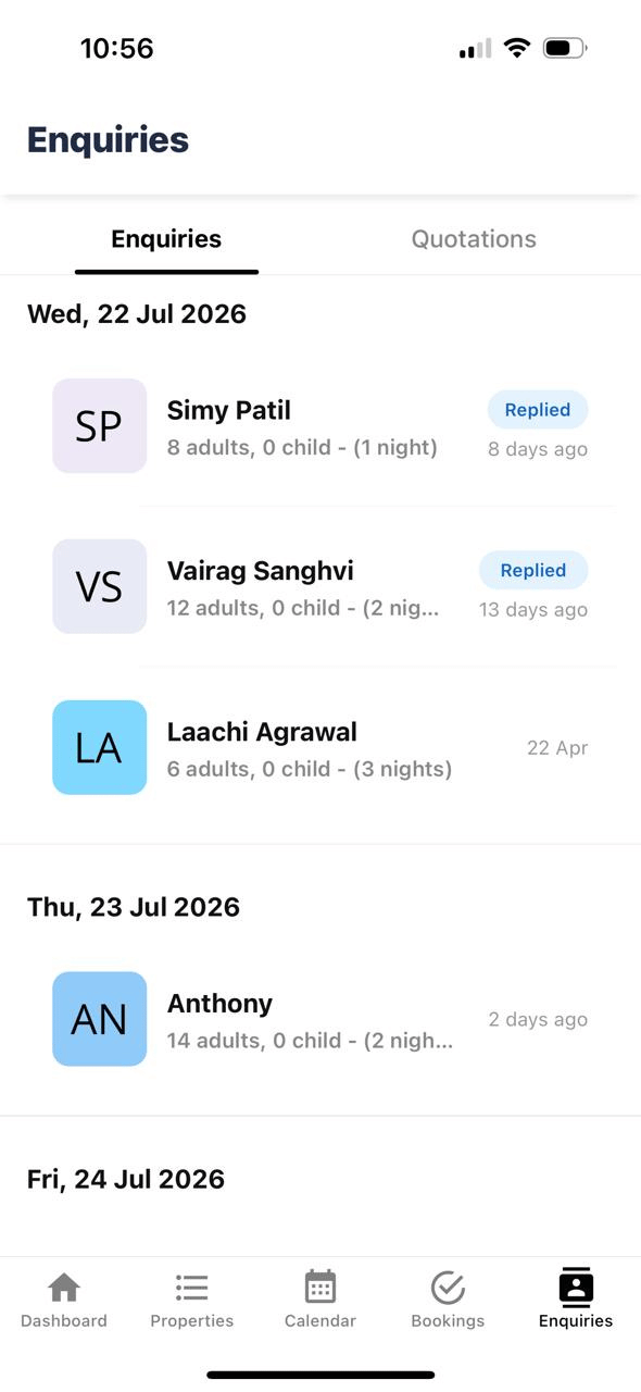 Villa enquiry pipeline in the Doorloom app sharing price and availability on WhatsApp